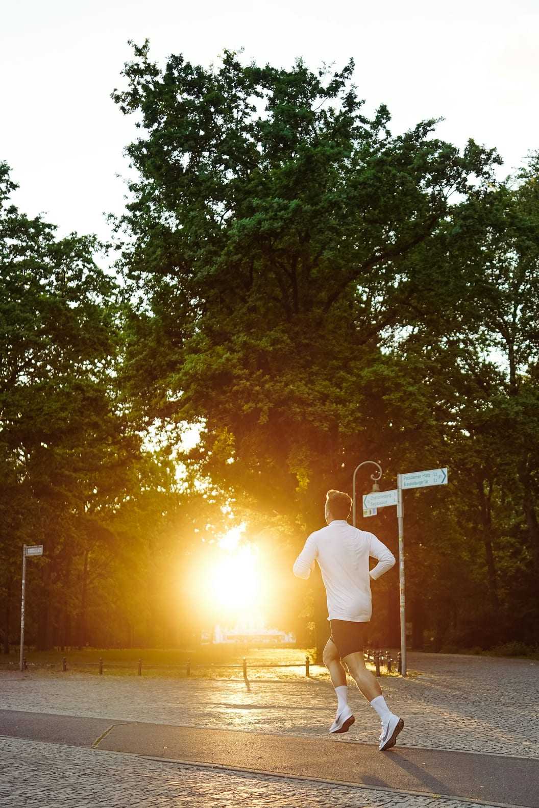 A runner backlit by golden sun on a hillside path.